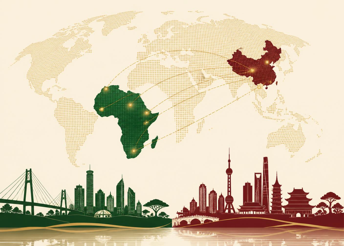 Illustration of Africa and China connected by golden routes above green and maroon city skylines